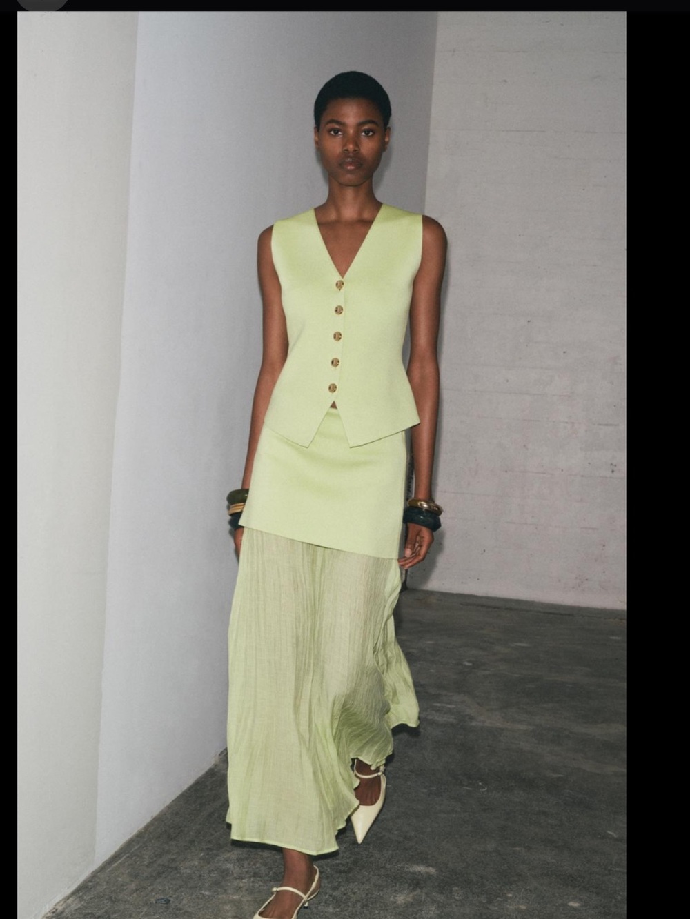 Zara Light Lime Two-Layer Pleated Maxi Skirt